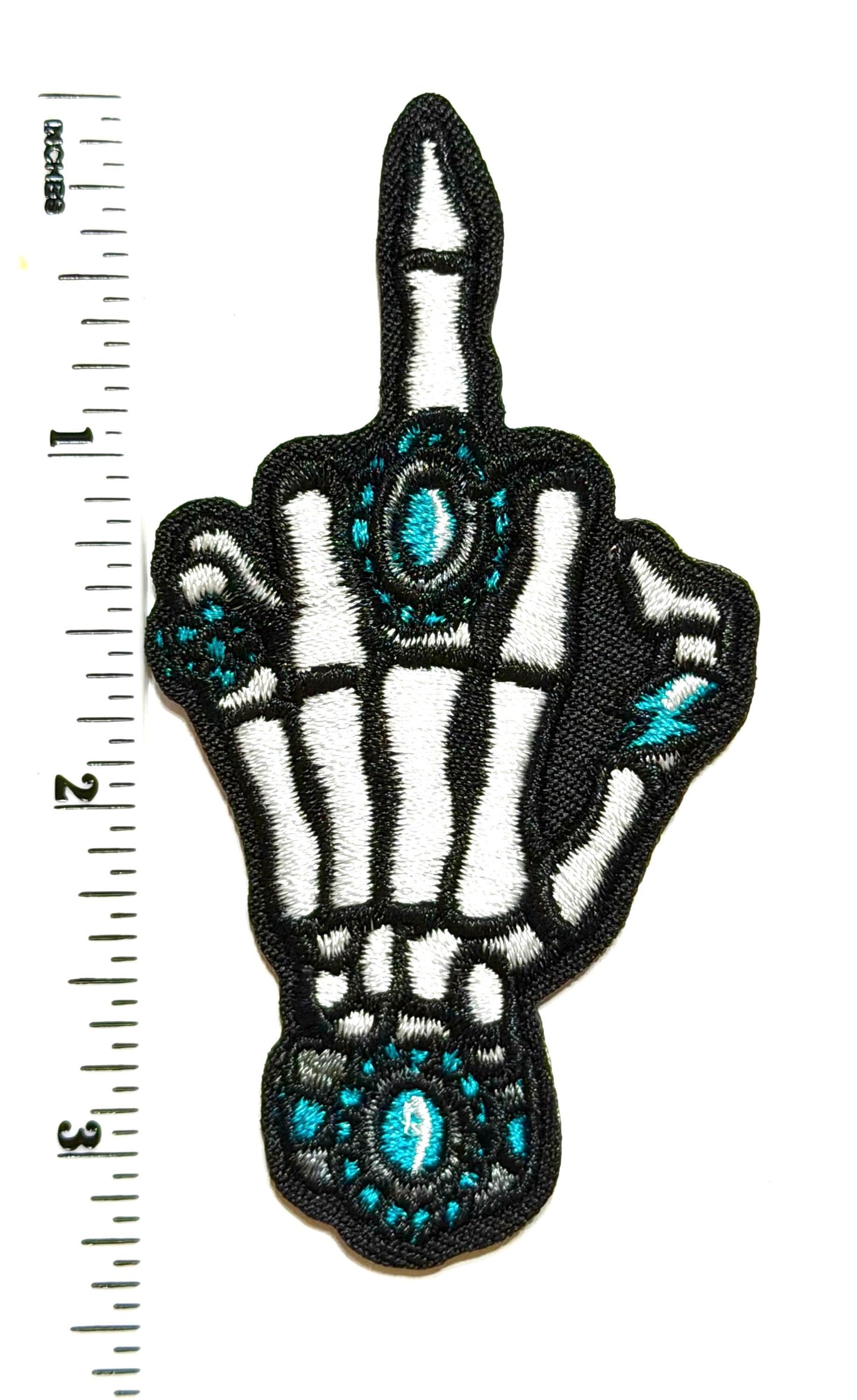 Skeleton middle finger with turquoise jewelry - Embroidered Iron On Patch 3.25”