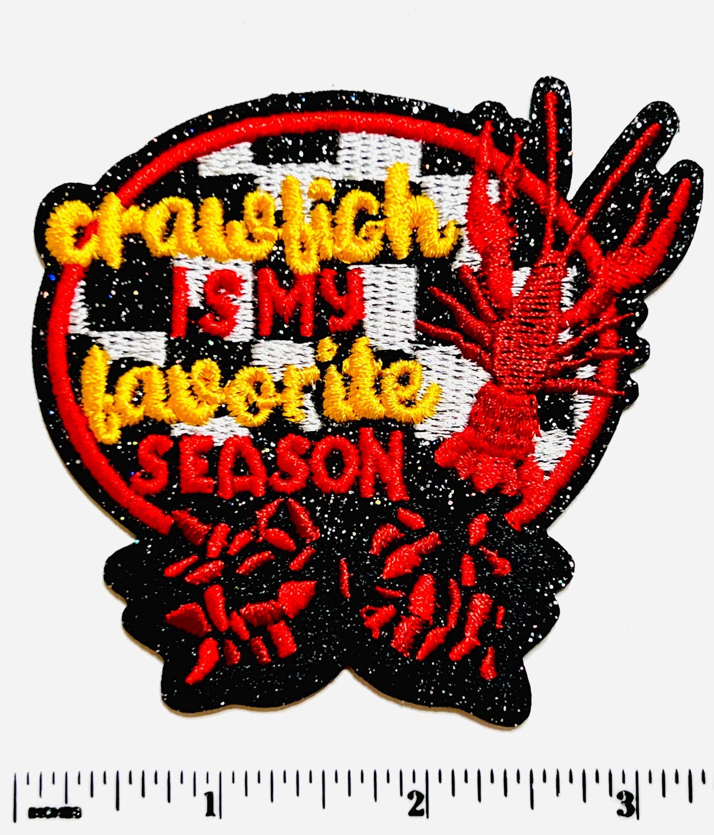 Crawfish is my Favorite Season patch with glitter outline - Embroidered DIY Iron on patch
