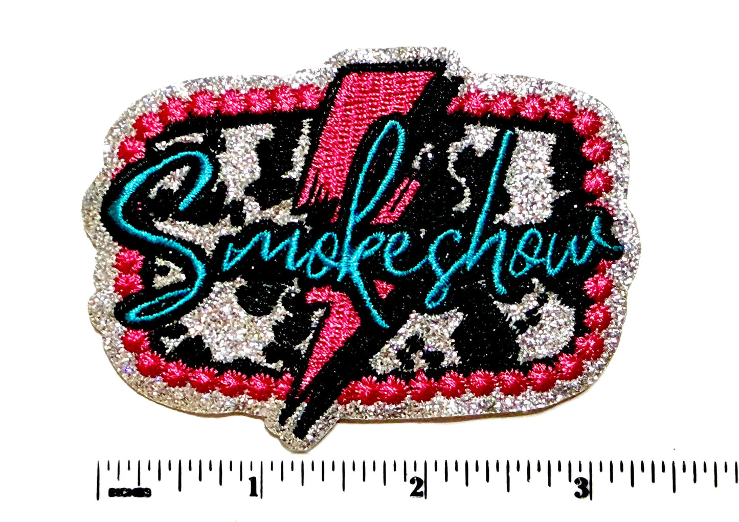 Embroidered Smoke Show iron on Patch – Cow Print Lightning Bolt, Glitter Details
