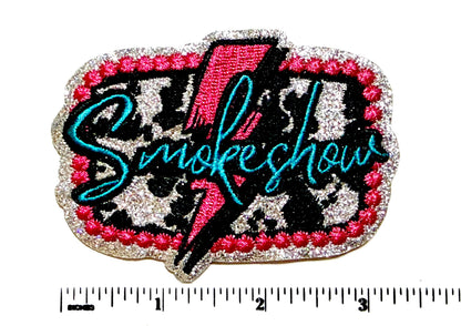 Embroidered Smoke Show iron on Patch – Cow Print Lightning Bolt, Glitter Details