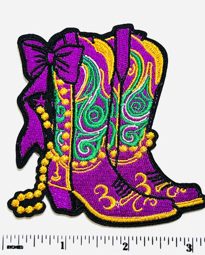 Mardi Gras Cowgirl Boots patch - Embroidered Iron on patch 3”