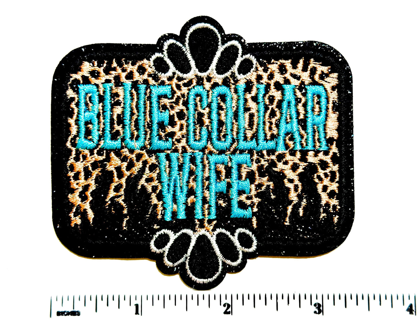 Embroidered Blue Collar Wife Patch – Turquoise Leopard Glitter Detail