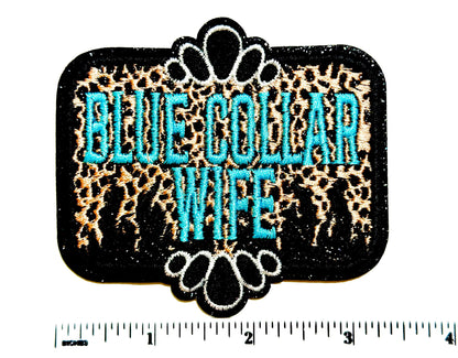 Embroidered Blue Collar Wife Patch – Turquoise Leopard Glitter Detail