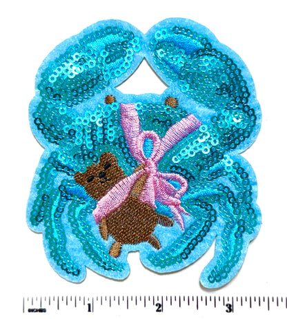 Blue Crab Sequins patch - Iron On Patch 3.75”