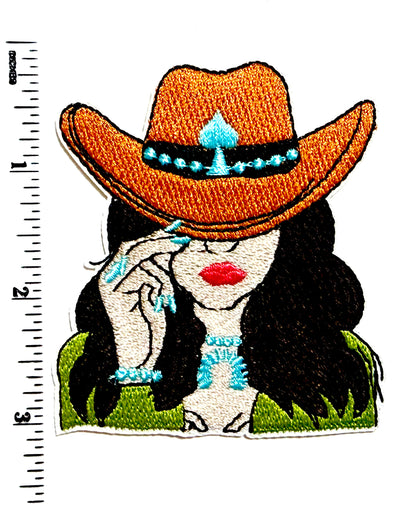 Cowgirl with turquoise jewelry patch - Embroidered Iron on patch 3”