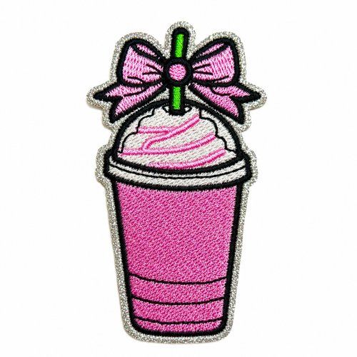 Pink Iced coffee patch with bow and glitter outline - Embroidered DIY Iron on patches 3.25”