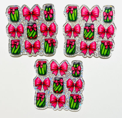 Pink bows and Pickles set of 3 flatback acrylics