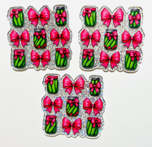 Pink bows and Pickles set of 3 flatback acrylics