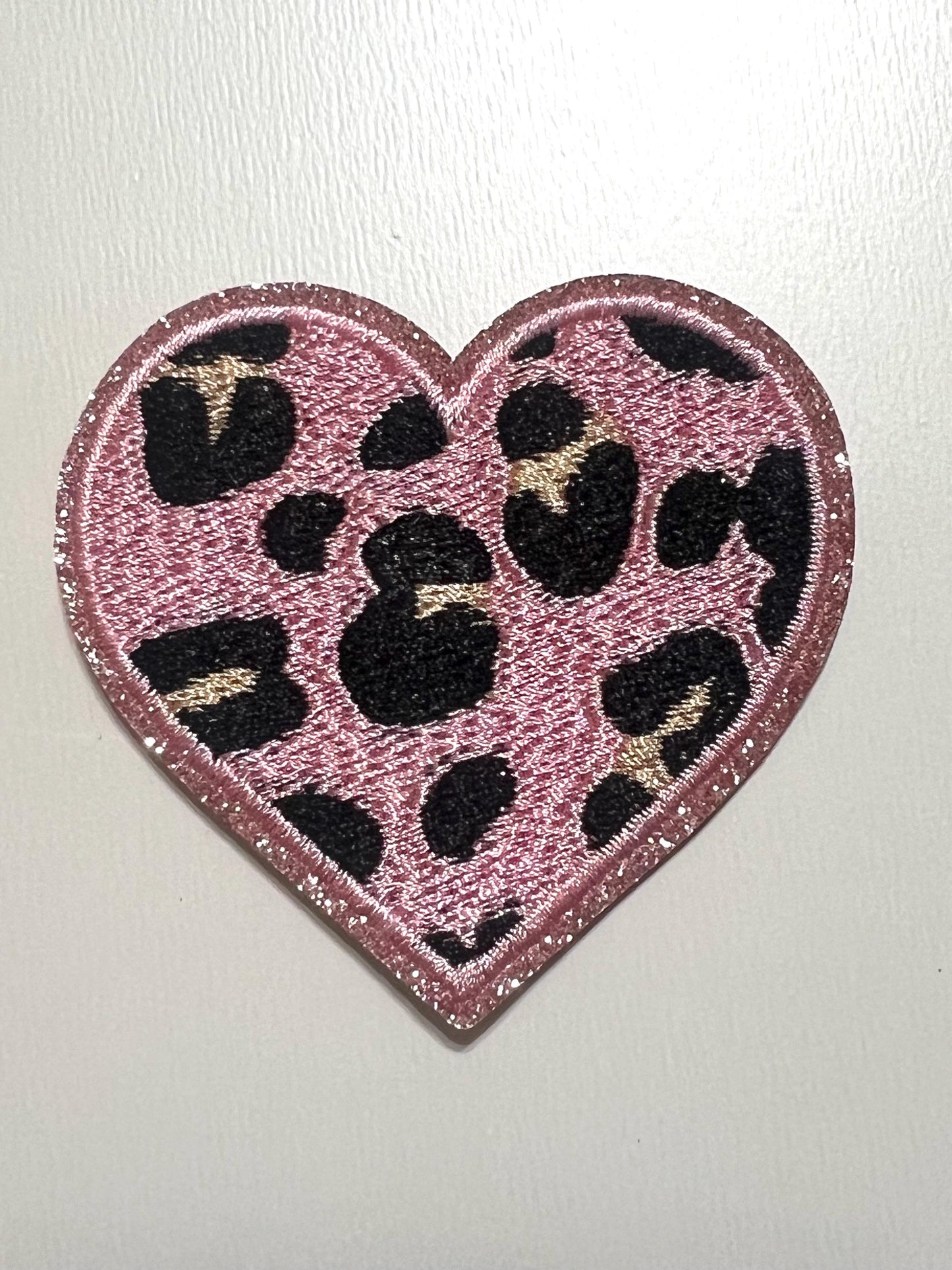 Leopard Print Heart - Iron on patches with glitter outlines