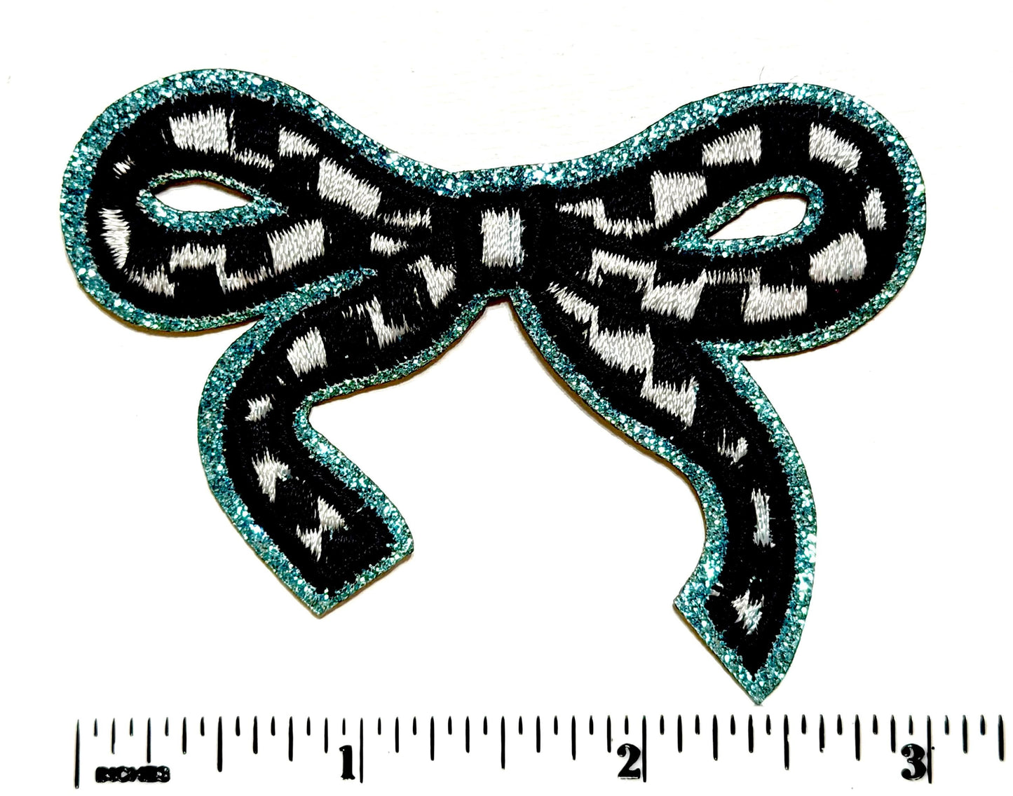 Checkered bow with glitter outline patches - Embroidered DIY iron on patch