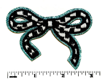 Checkered bow with glitter outline patches - Embroidered DIY iron on patch