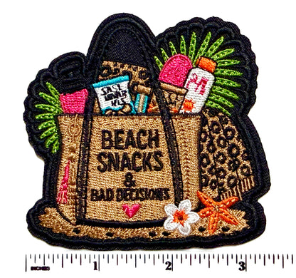 Beach Snack and Bad Decisions beach bag patch - Embroidered DIY Iron on patch 3.25”