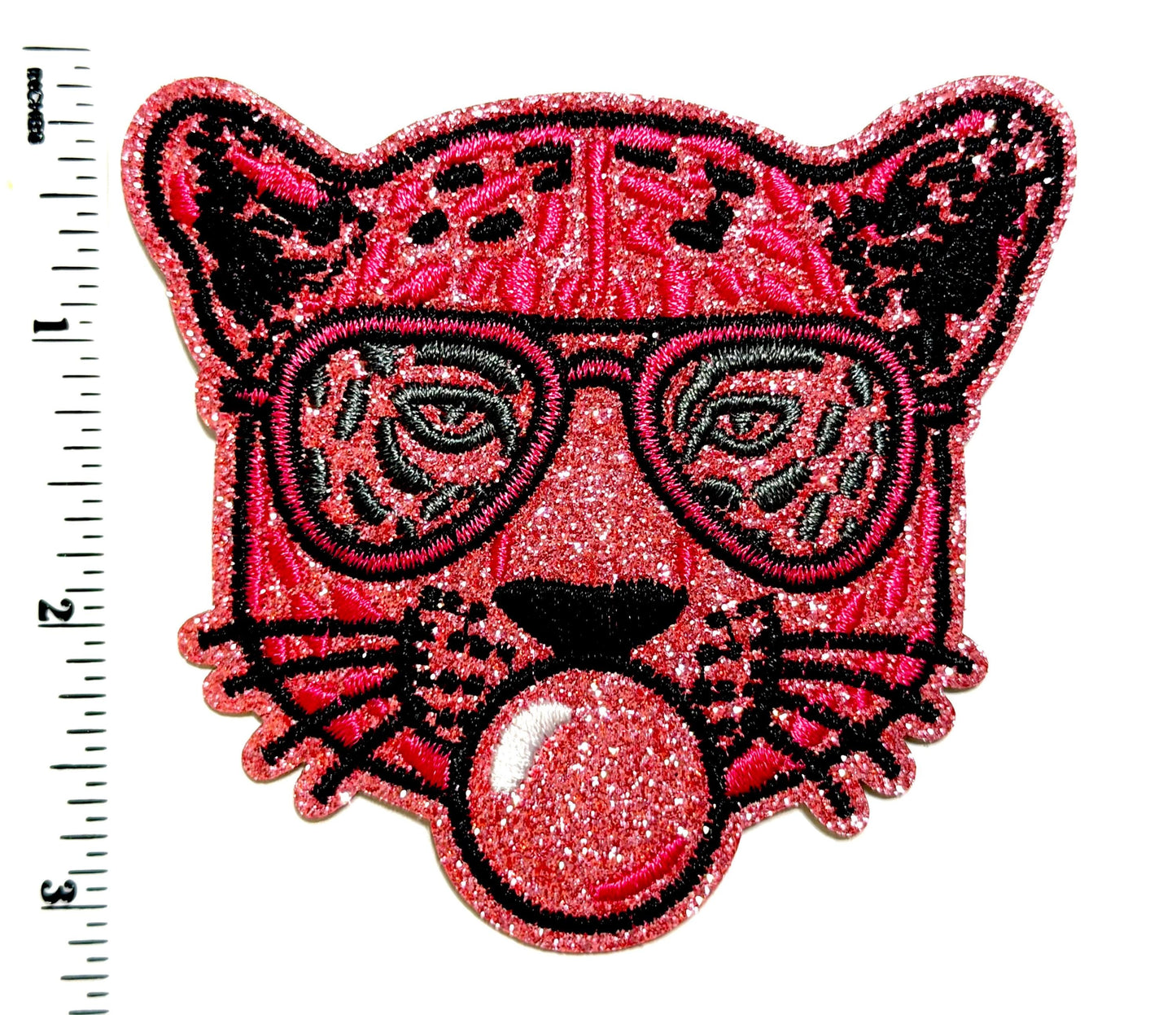 Pink Tiger blowing bubble patch - Embroidered DIY Iron on patch with glitter