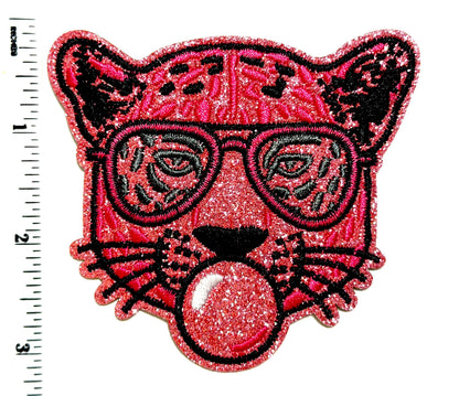 Pink Tiger blowing bubble patch - Embroidered DIY Iron on patch with glitter