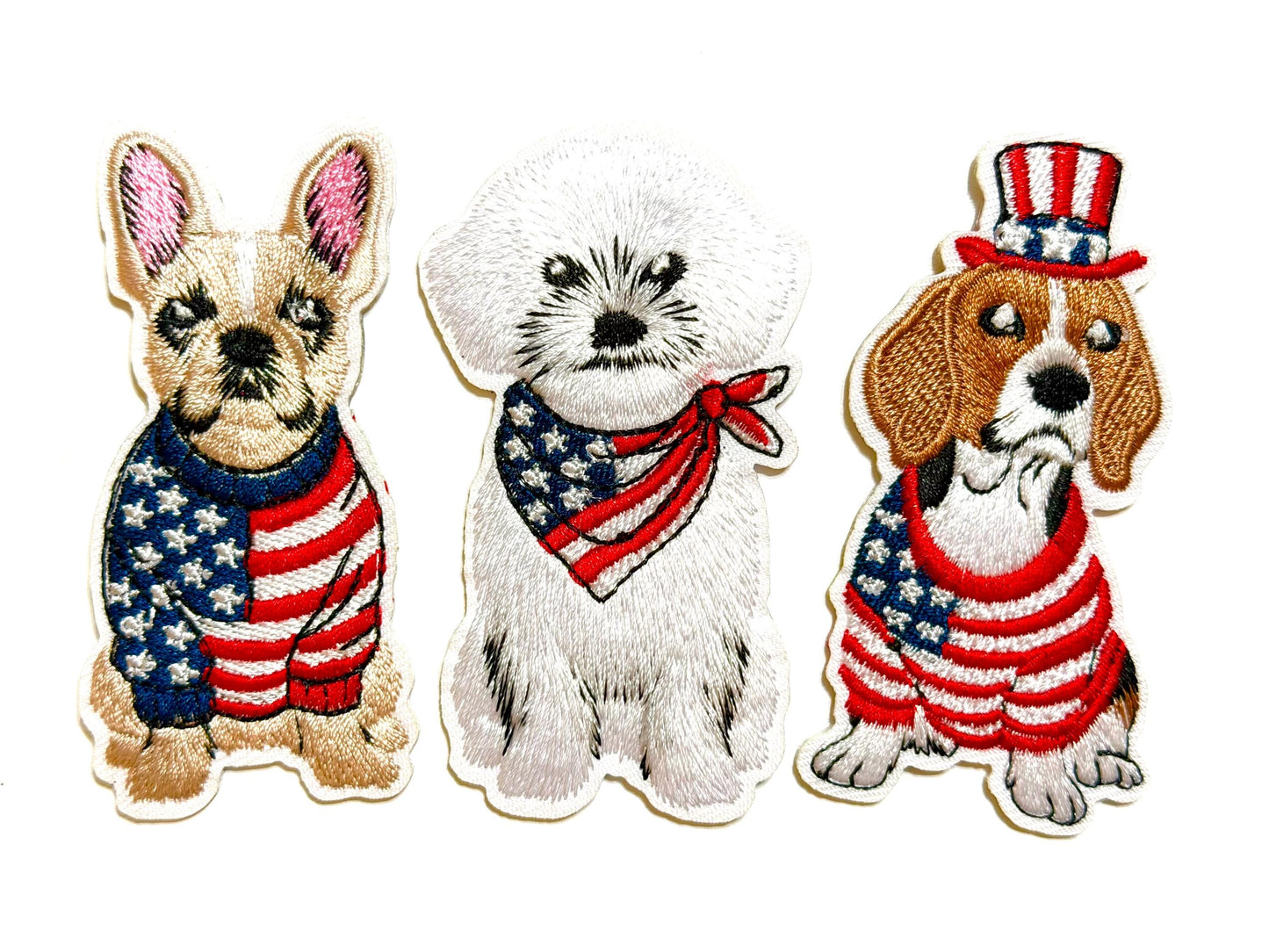 Patriotic Puppies French Bulldog Frenchie, Maltese Bichon Frise, Beagle - Embroidered Iron On Patch 3.25”