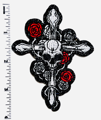Skull Cross with Roses - Embroidered Iron on patch