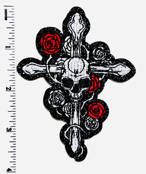 Skull Cross with Roses - Embroidered Iron on patch