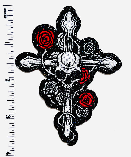 Skull Cross with Roses - Embroidered Iron on patch