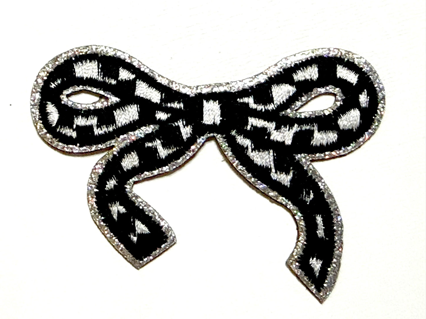 Checkered bow with glitter outline patches - Embroidered DIY iron on patch