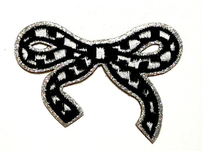 Checkered bow with glitter outline patches - Embroidered DIY iron on patch