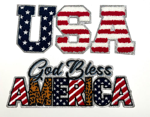 Patriotic - Chenille with silver glitter outline Iron on patches