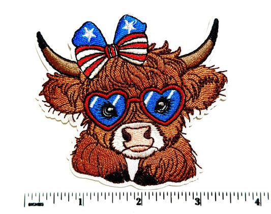 Patriotic Highland Cow Patch, Heart Sunglasses, American Flag Bow 3.5”