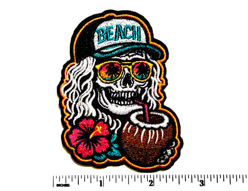 Skelly Girl Drinking Beach patch - Embroidered Iron On Patch 3.25”