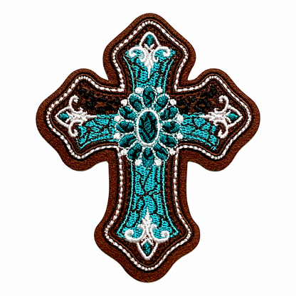 Turquoise Cross patch - Leatherette Embroidered Iron On Patch 3.25”