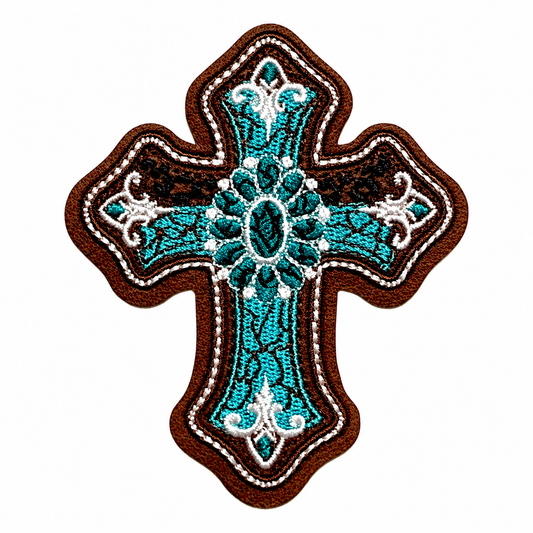 Turquoise Cross patch - Leatherette Embroidered Iron On Patch 3.25”