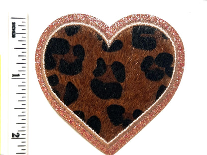 Leopard Print Heart - Iron on patches with glitter outlines