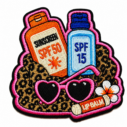 Beach bag contents; sunscreen, sunglasses patch - Embroidered DIY Iron on patch 3.25” (Copy)