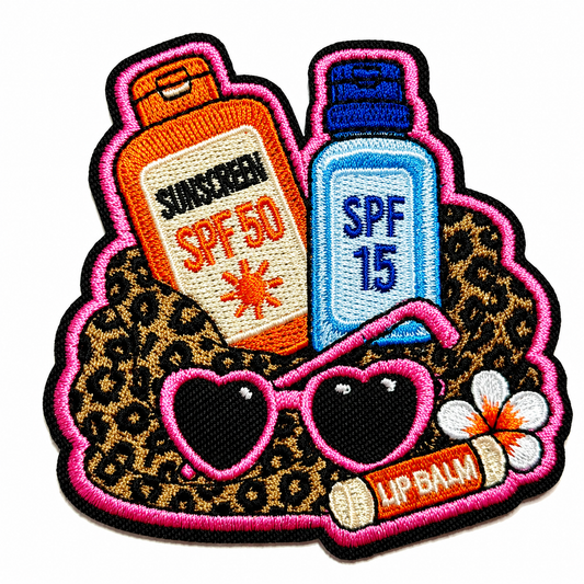Beach bag contents; sunscreen, sunglasses patch - Embroidered DIY Iron on patch 3.25” (Copy)