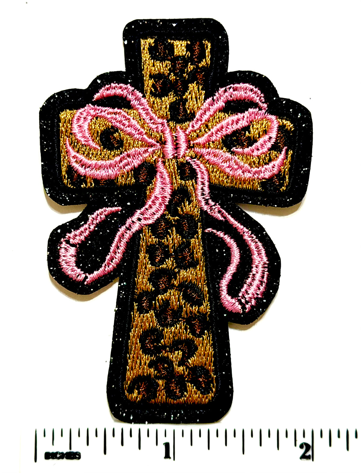 Leopard Print Cross with Ribbons - Embroidered Iron on patch 3”