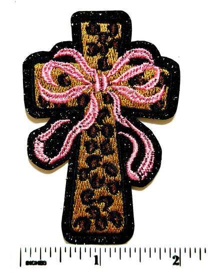 Leopard Print Cross with Ribbons - Embroidered Iron on patch 3”