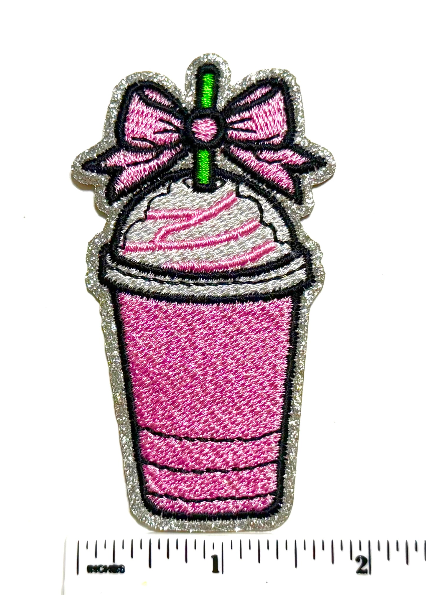 Pink Iced coffee patch with bow and glitter outline - Embroidered DIY Iron on patches 3.25”