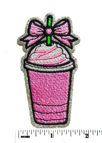 Pink Iced coffee patch with bow and glitter outline - Embroidered DIY Iron on patches 3.25”