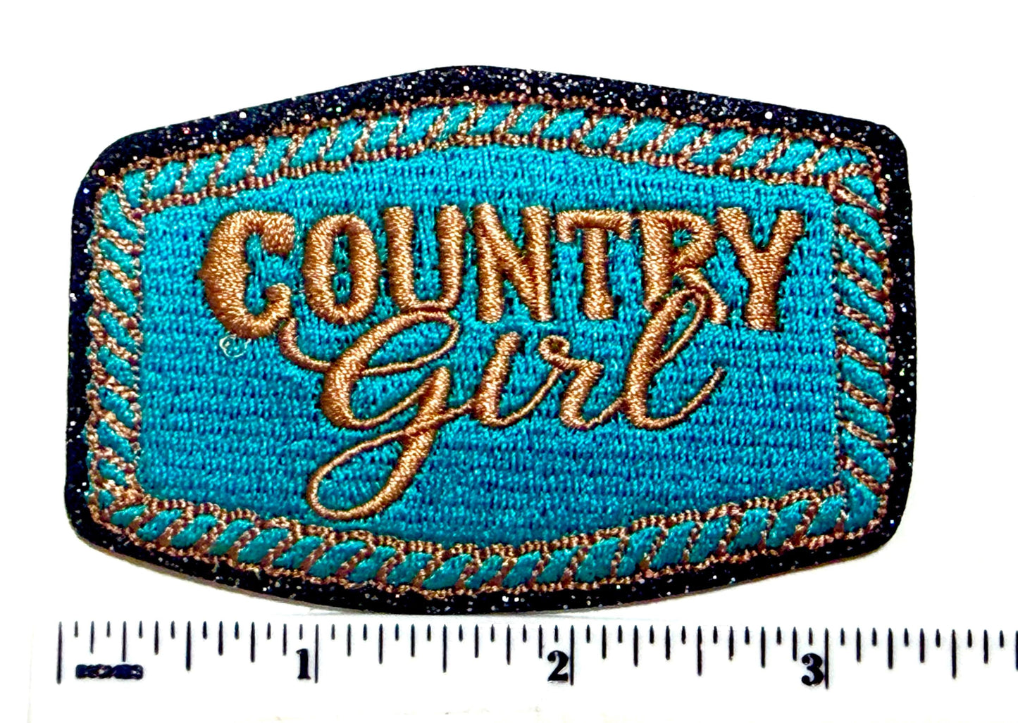 Country girl turquoise patch - Embroidered Iron on patch with black glitter outline 3.25”