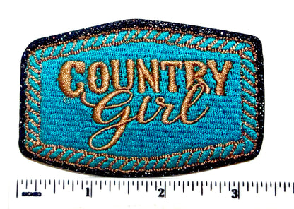 Country girl turquoise patch - Embroidered Iron on patch with black glitter outline 3.25”