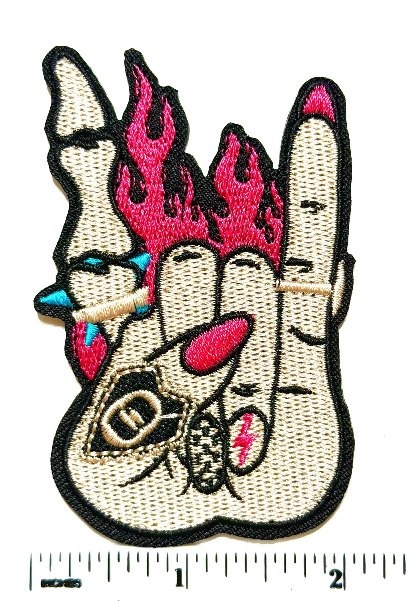 Edgy Hand rock on sign with flames patch - Embroidered DIY Iron on patches