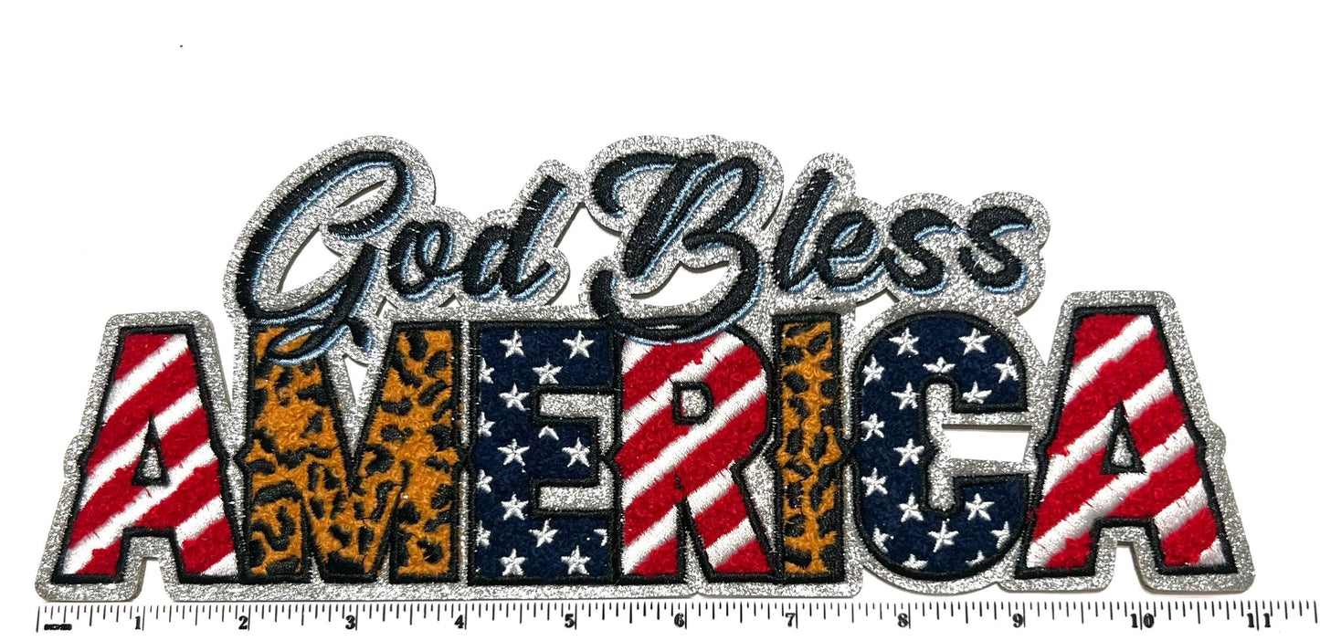 Patriotic - Chenille with silver glitter outline Iron on patches