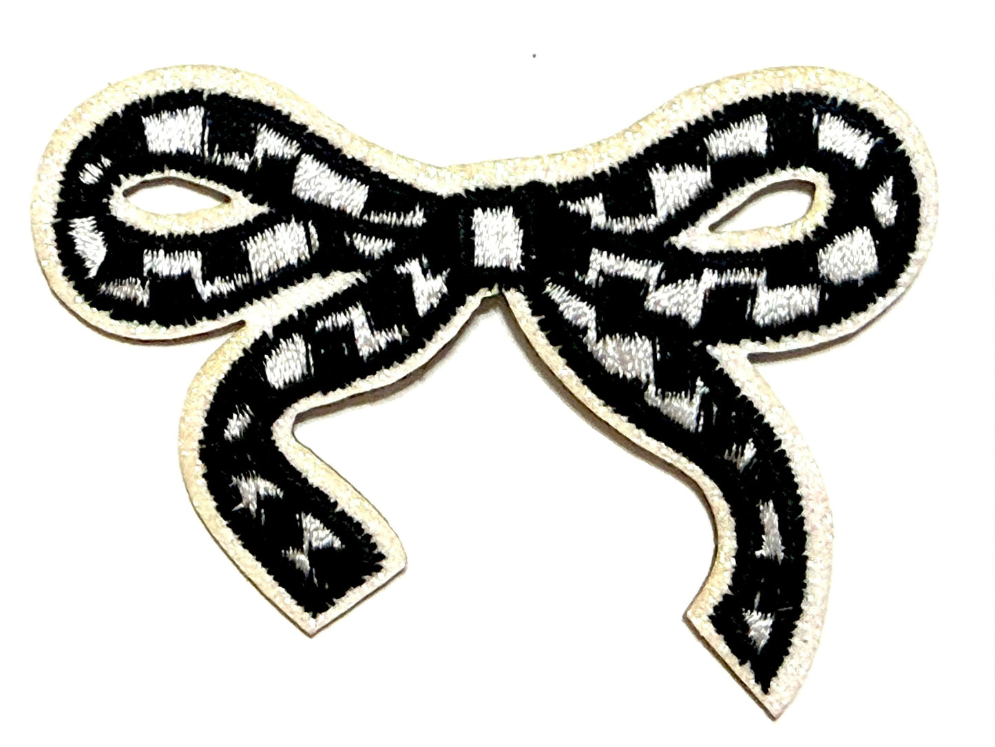 Checkered bow with glitter outline patches - Embroidered DIY iron on patch