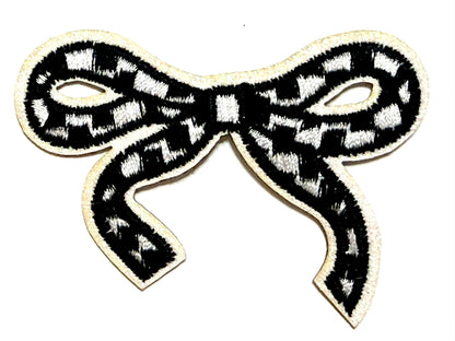 Checkered bow with glitter outline patches - Embroidered DIY iron on patch