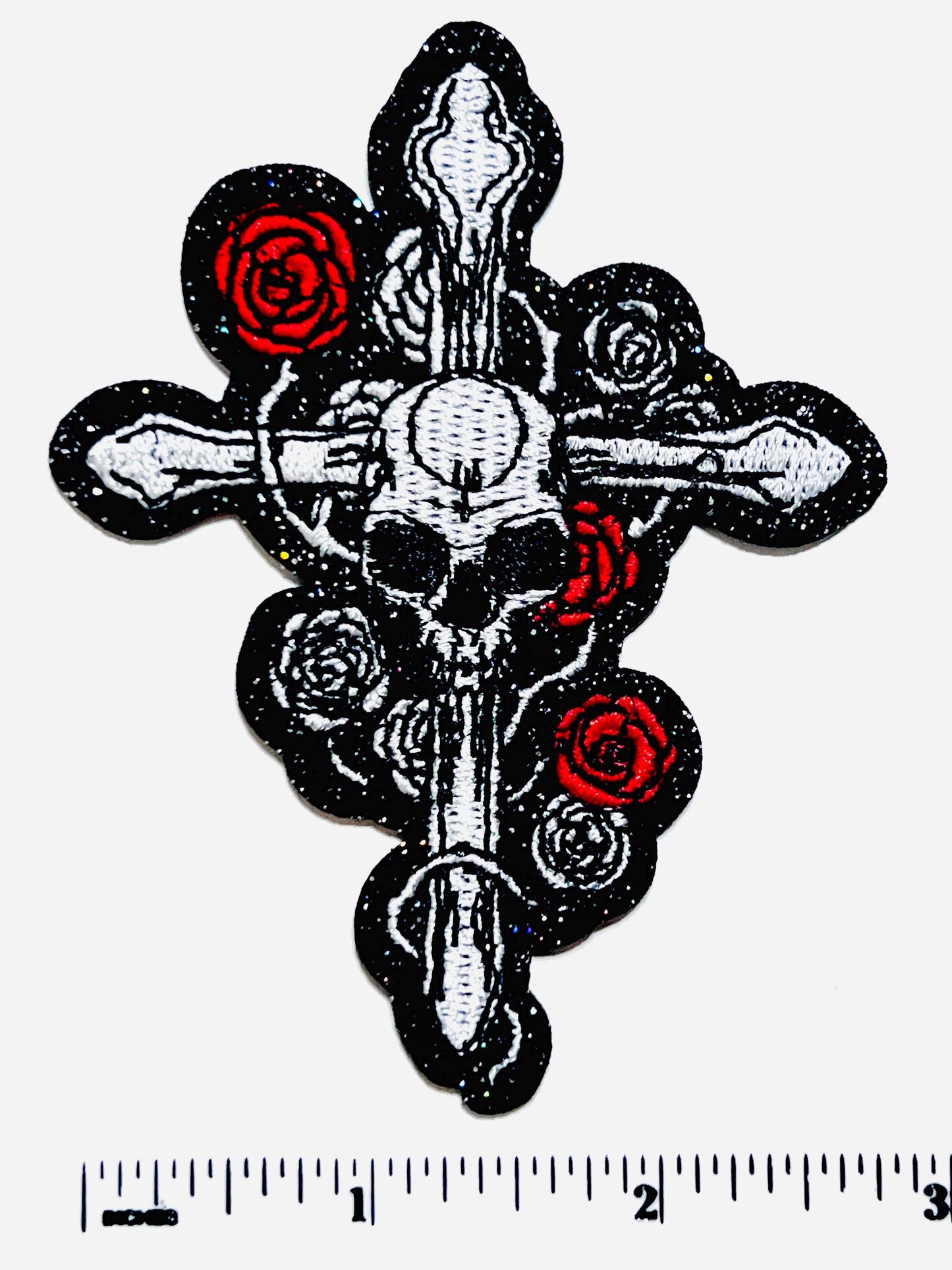 Skull Cross with Roses - Embroidered Iron on patch