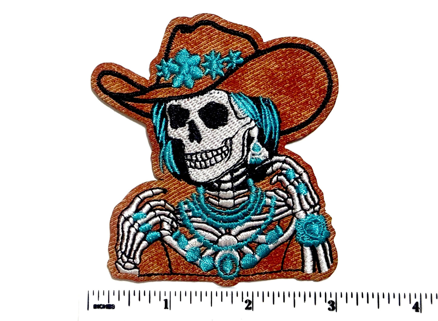Turquoise Skeleton Cowgirl - Leatherette Iron on patch 3”