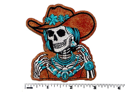 Turquoise Skeleton Cowgirl - Leatherette Iron on patch 3”