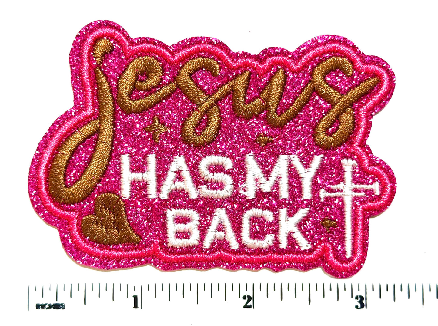 Jesus has my back patch  - Embroidered DIY Iron on patch with hot pink glitter