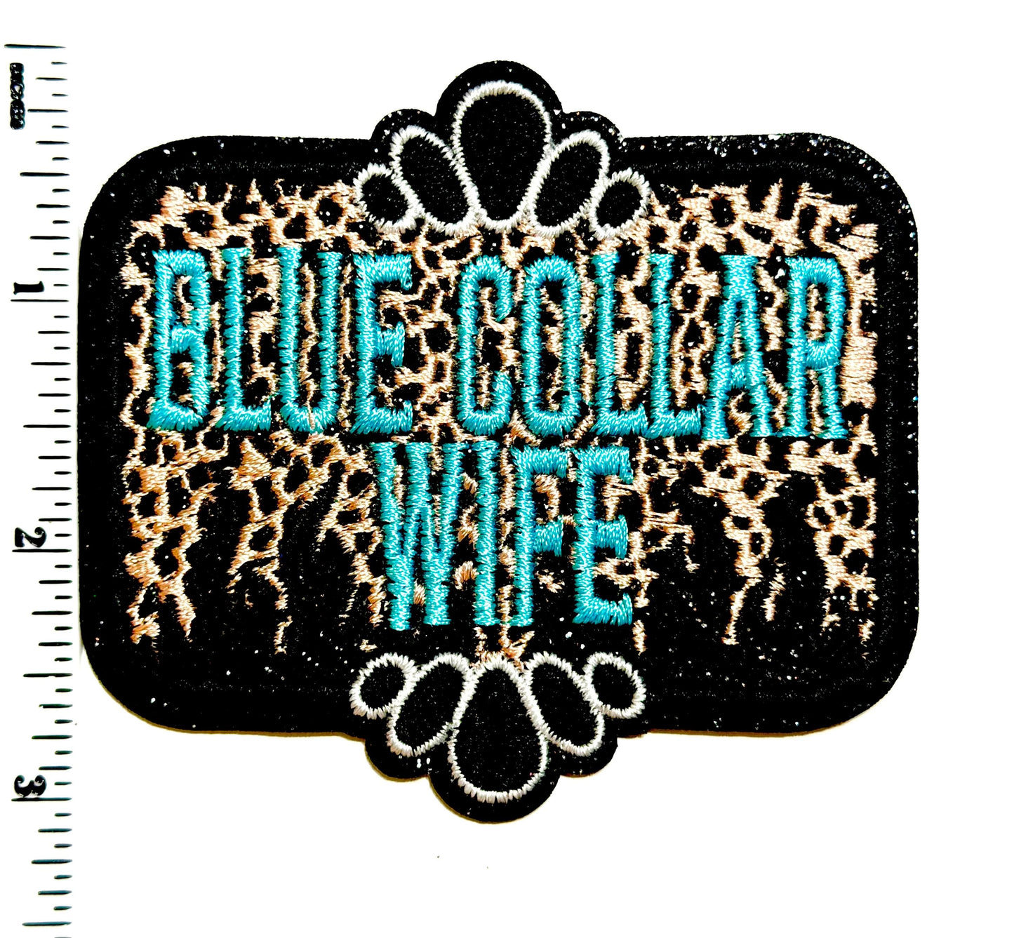 Embroidered Blue Collar Wife Patch – Turquoise Leopard Glitter Detail