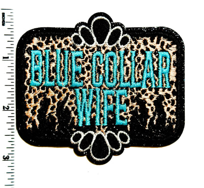 Embroidered Blue Collar Wife Patch – Turquoise Leopard Glitter Detail