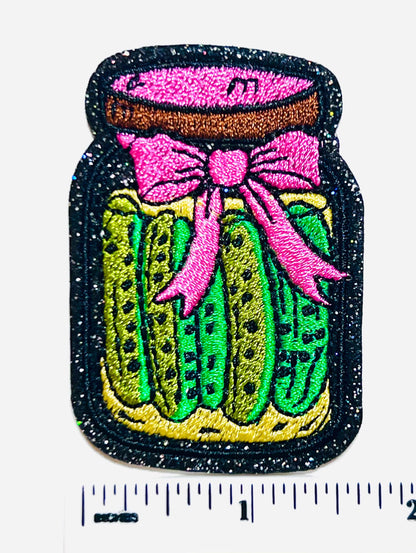 Pickle Jar patch with pink bow - Embroidered Iron on patch