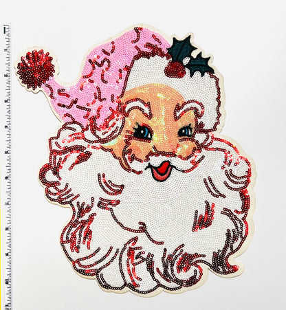 Santa with Pink hat - Large sequins Iron on patch